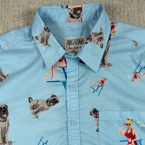 RSVLTS Mens Large Blue Pug Lifeguard Print Short Sleeve Button Up Shirt *Read